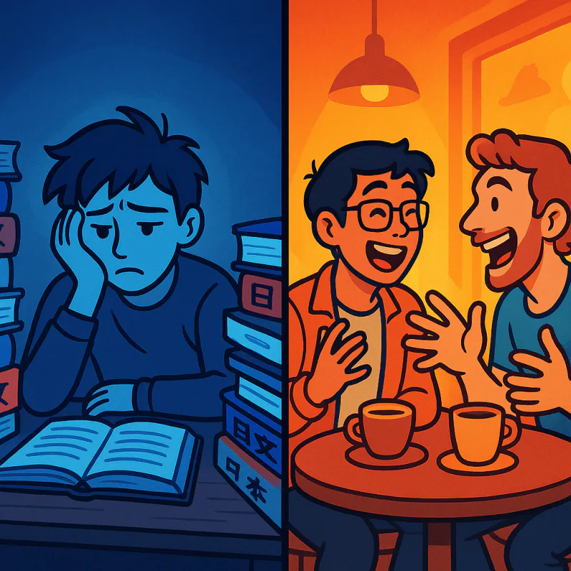 Split scene: on one side a person alone at a desk surrounded by Japanese textbooks looking stuck, on the other two friends laughing at a cafe table mid-conversation