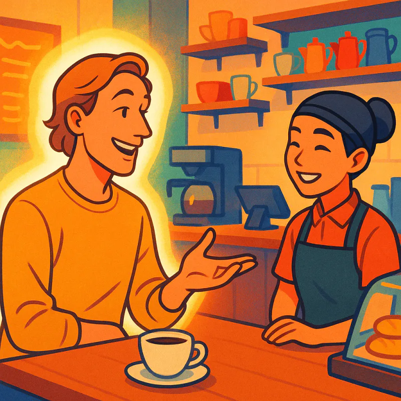 A confident person ordering at a counter, casual relaxed posture, natural conversation flowing, warm colors