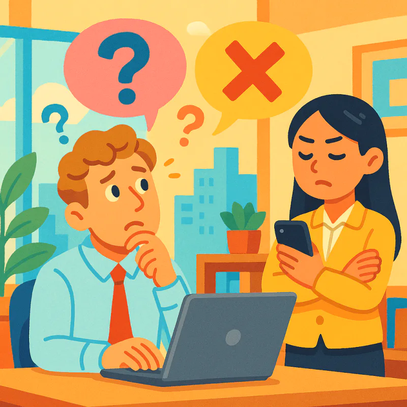 A foreigner at a desk looking confused while a Japanese coworker stands next to them holding a phone, two contradictory chat bubbles floating between them