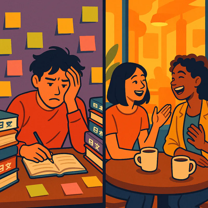 A person alone at a desk surrounded by open Japanese textbooks and post-it notes, looking frustrated, contrasted with a separate scene of two friends chatting comfortably at a coffee shop