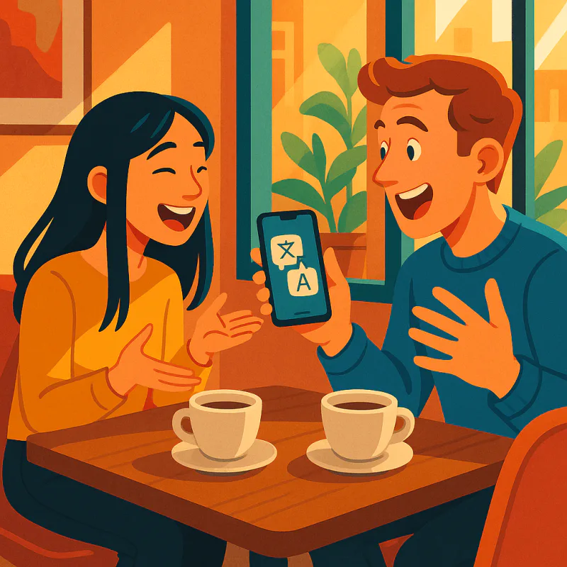 Two people in their twenties laughing at a casual cafe table, one holding a phone showing a translation, both looking relaxed and engaged