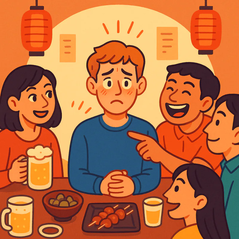 A foreign learner mid-sentence in a group of Japanese friends, looking embarrassed while one person laughs and repeats a mispronounced word