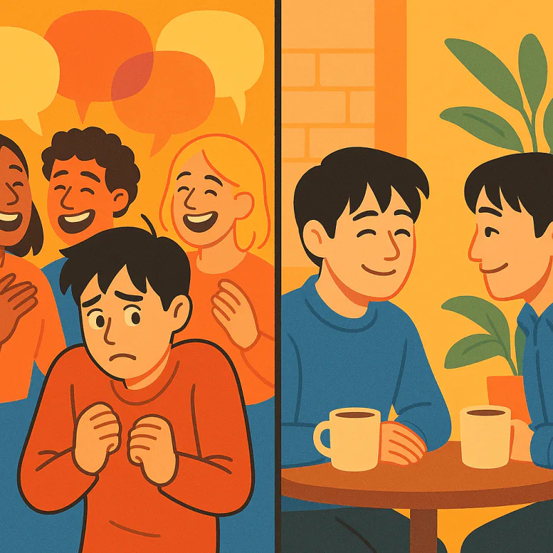 Split illustration: on one side a learner shrinking back inside a noisy group, on the other side the same learner relaxed across a small table from one attentive friend