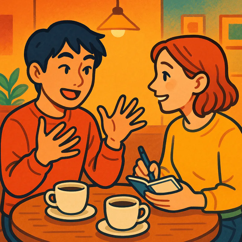 Two people across a small cafe table, one explaining a Japanese word with hand gestures, the other listening attentively, both relaxed and smiling