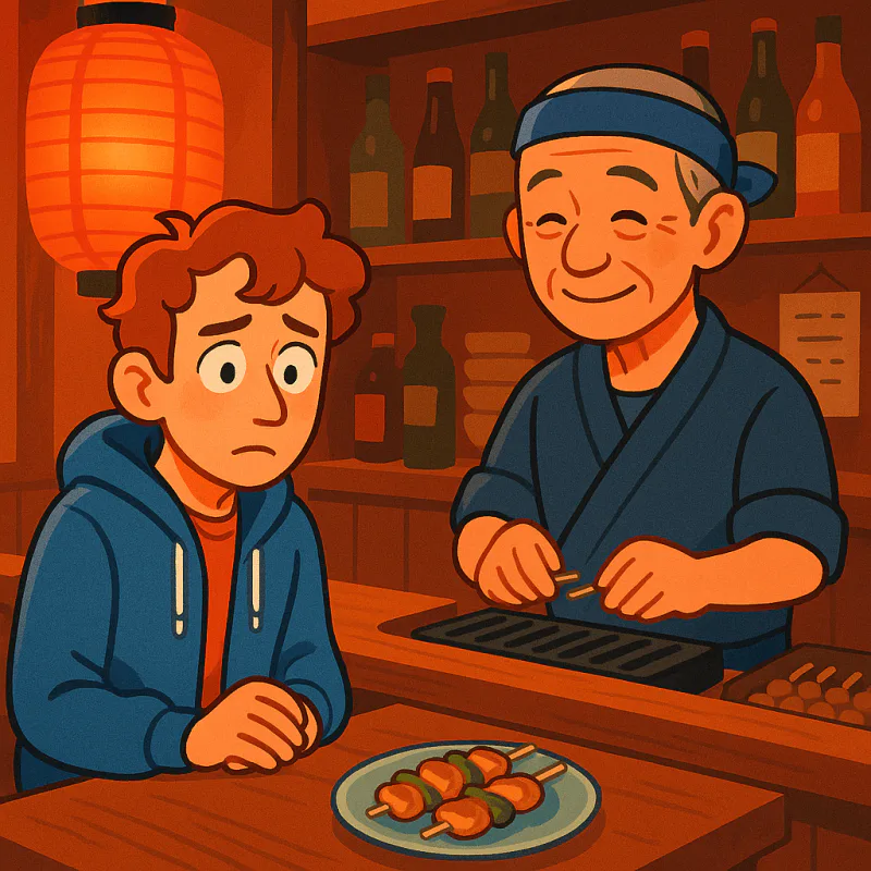 A foreigner sitting at an izakaya counter looking frozen and uncertain, the master smiling politely, food untouched, soft warm lantern light