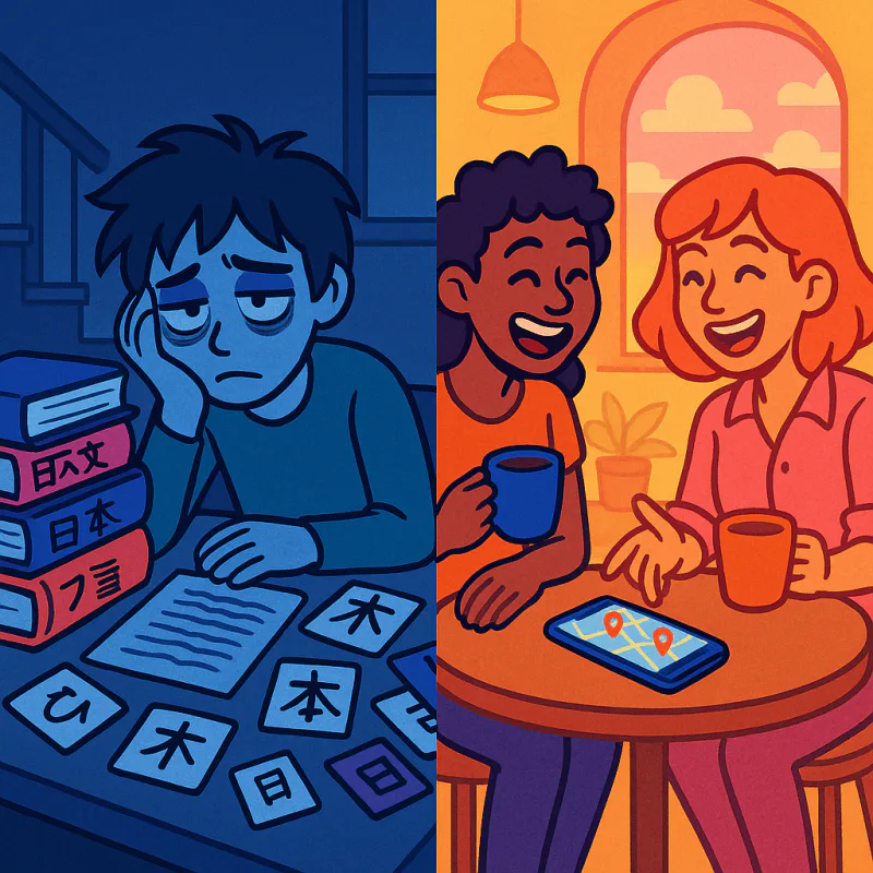 A split scene: on the left, a person studying alone at a desk piled with Japanese textbooks looking exhausted; on the right, two friends laughing over coffee with a map app open between them