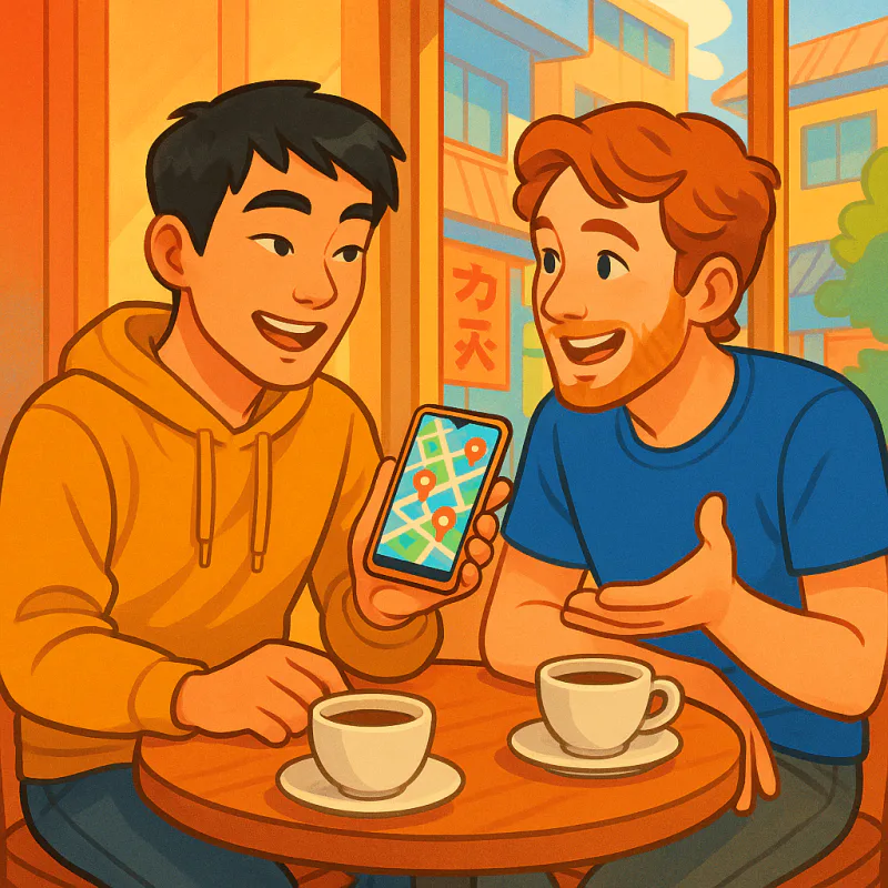 Two people in their twenties at a small Tokyo cafe, mid-conversation, one holding a phone showing a map, both looking relaxed and engaged in the moment