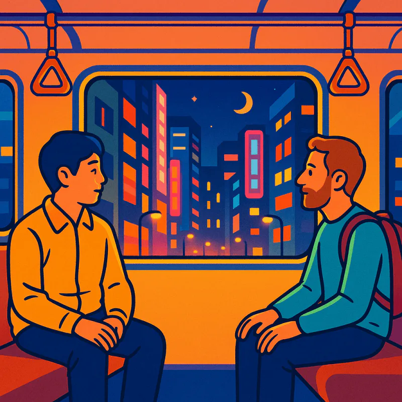 Two figures sitting on opposite sides of a Tokyo train, one local and one foreigner, both looking out the same window into the night, parallel-worlds atmosphere, soft city lights