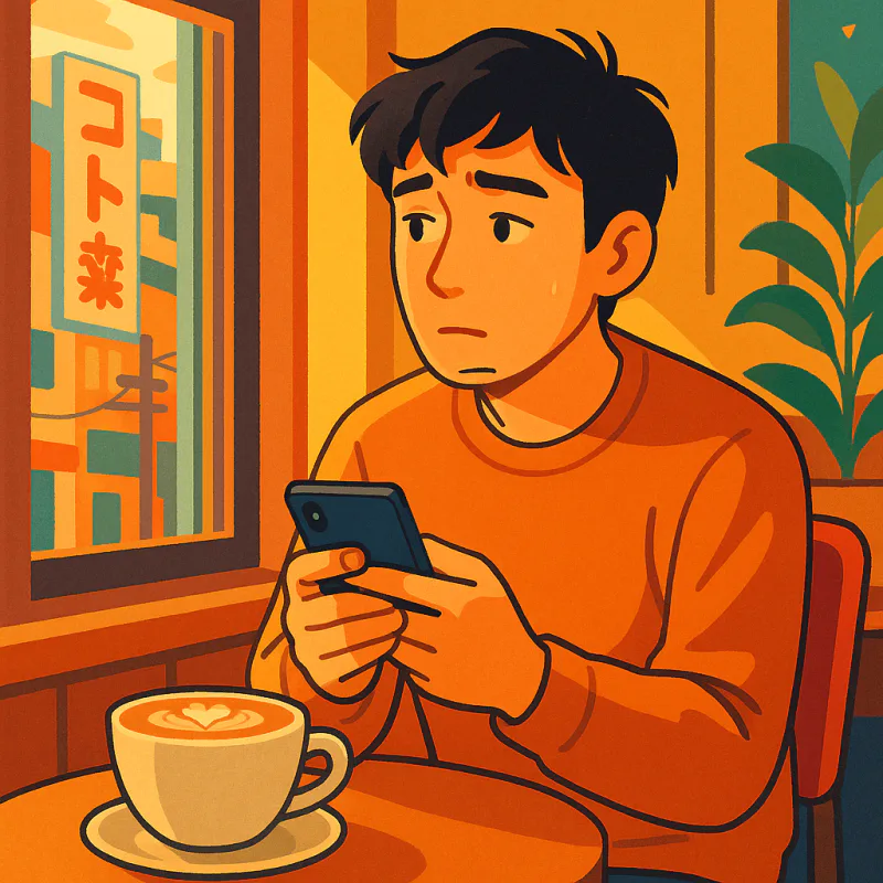 A young Japanese man holding his phone in a Tokyo cafe, hesitating, wanting to send a message but unsure how, soft afternoon light through the window