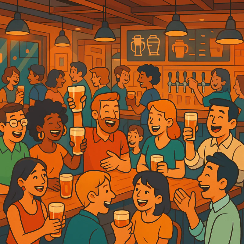 A vibrant scene showing a craft beer bar in Tokyo with a mixed crowd of locals and foreigners chatting and laughing together, warm bar lighting, friendly atmosphere
