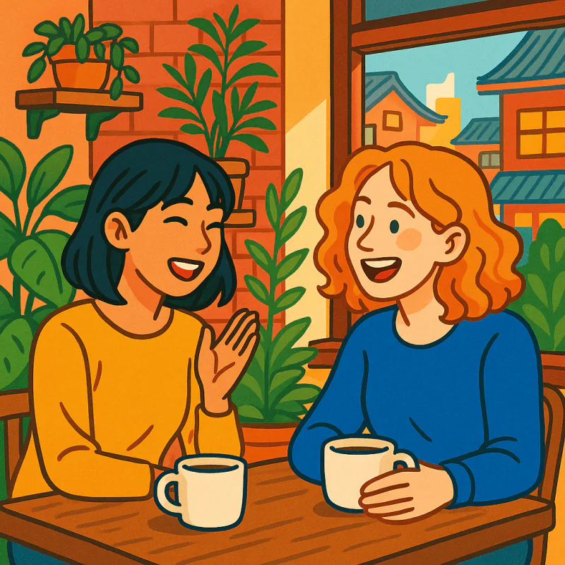 Two people in their twenties meeting at a small Tokyo cafe, one local and one foreigner, both relaxed and laughing, coffees on the table, warm bright atmosphere