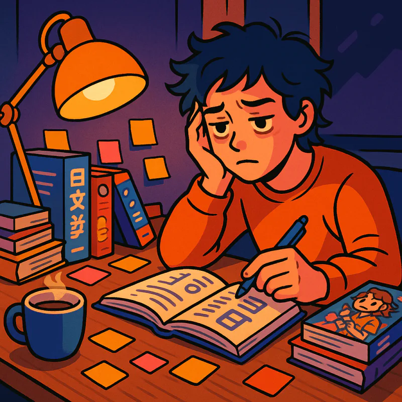 A young learner sitting at a desk surrounded by Japanese textbooks, manga, sticky notes, and a half-empty cup of coffee, looking exhausted but determined, warm lamplight, modern illustration style