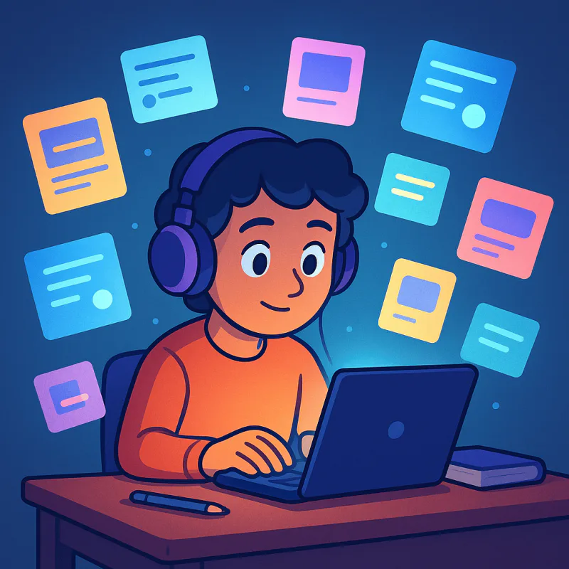 A learner alone at a desk with headphones on, surrounded by digital flashcards floating around them, screen glow on their face, isolated study scene, soft cool blue lighting