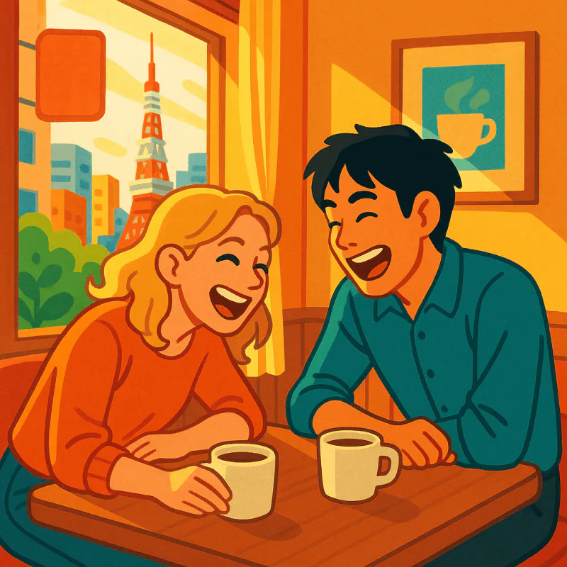 Two friends in their twenties at a small cafe in Tokyo, one foreign and one Japanese, leaning across the table mid-conversation, both laughing, warm afternoon light, modern illustration style