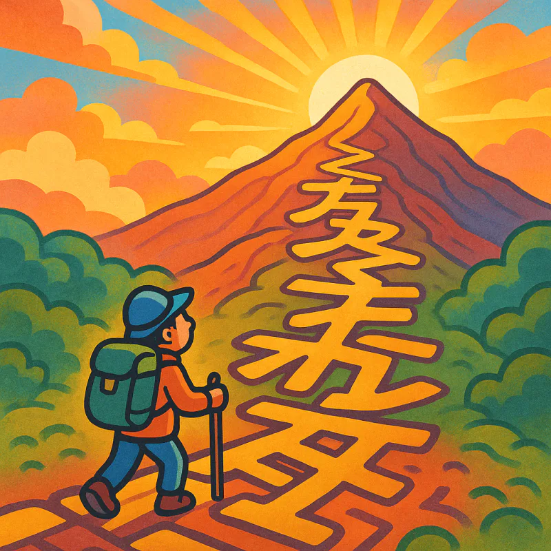 A learner walking up a long winding mountain path made of Japanese kanji, the summit still far away but visible, sunrise breaking over the horizon, hopeful warm colors