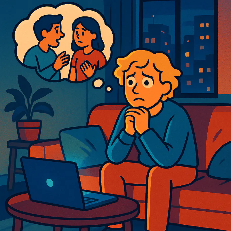 A foreigner sitting alone at home in the evening, replaying a conversation in their head, looking anxious and unsure, soft cool light from a laptop, quiet apartment atmosphere