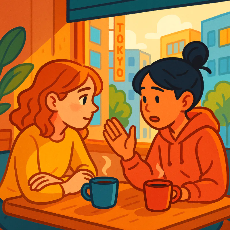 A young woman at a small Tokyo cafe getting honest advice from a Japanese friend across the table, both leaning in, listener nodding seriously, warm afternoon light through the window