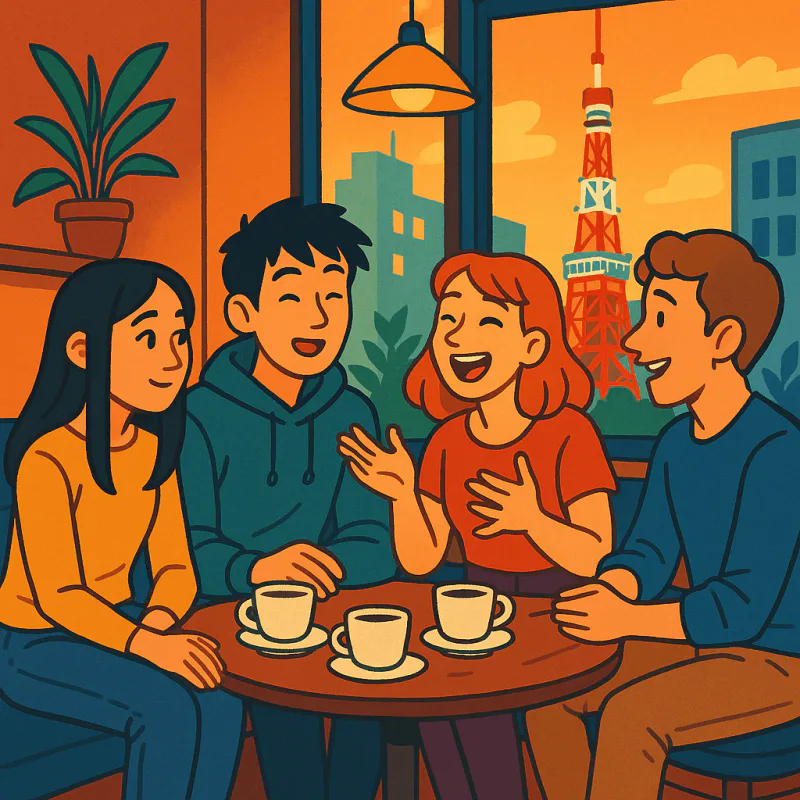 Four young people of mixed backgrounds sitting around a small coffee table in Tokyo, mid-conversation, varied expressions of listening and laughing, friendly relaxed cafe atmosphere with warm lighting