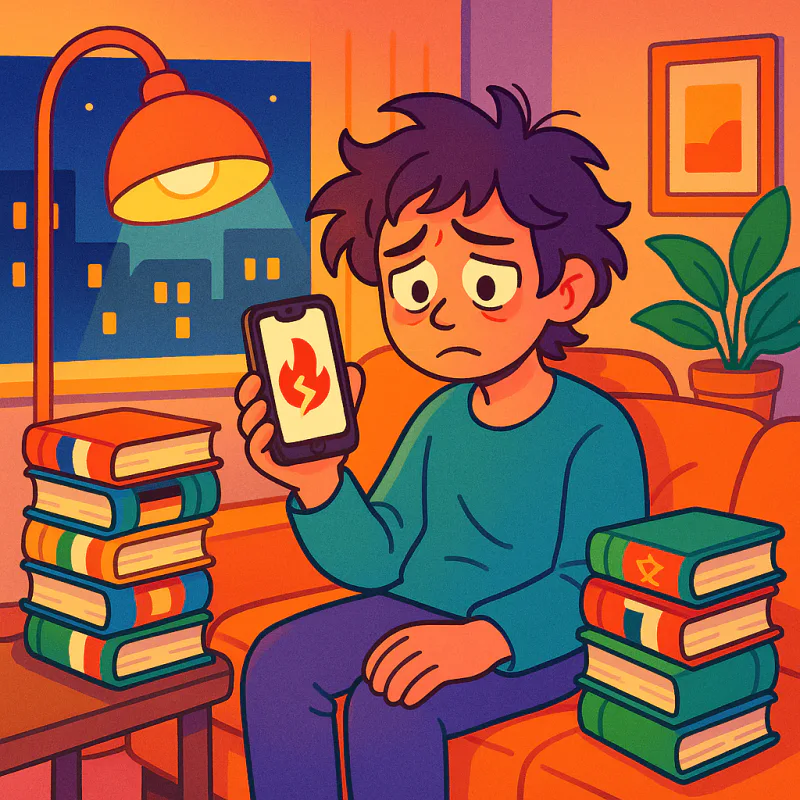 A young adult on a couch surrounded by half-started textbooks for multiple languages, phone in hand showing a language app with a broken streak, looking guilty and tired, modern illustration style, warm lamplight