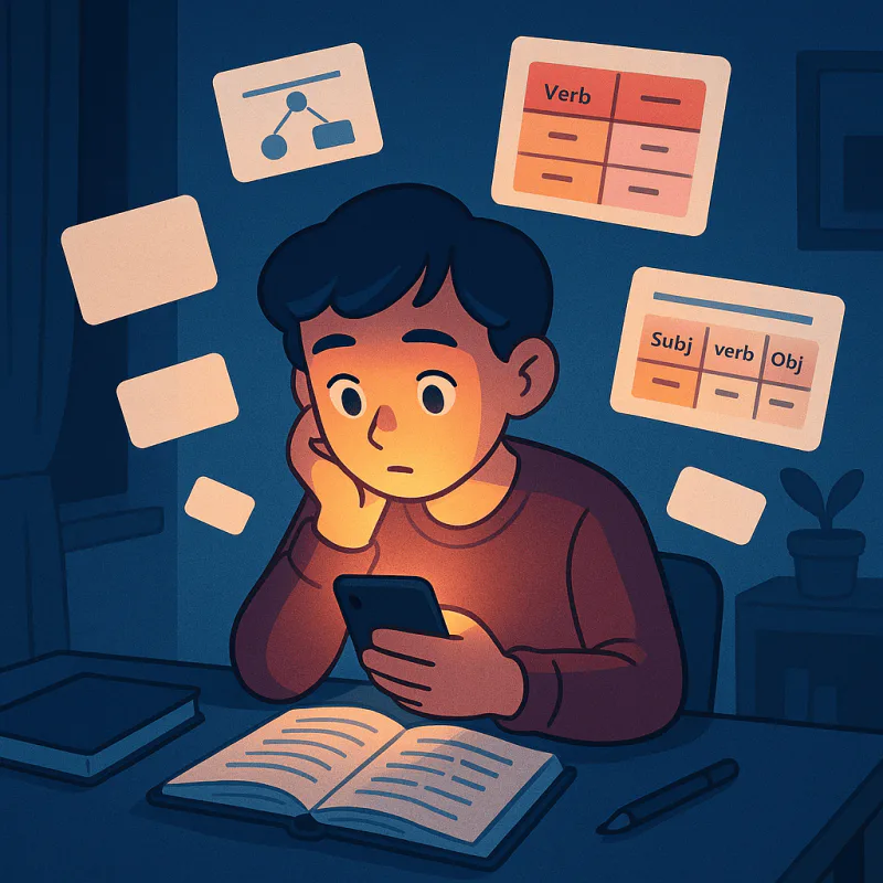 A person studying alone late at night with their phone glow lighting their face, dim apartment, floating flashcards and grammar charts in the air, isolated quiet atmosphere, soft cool blue lighting, modern illustration style