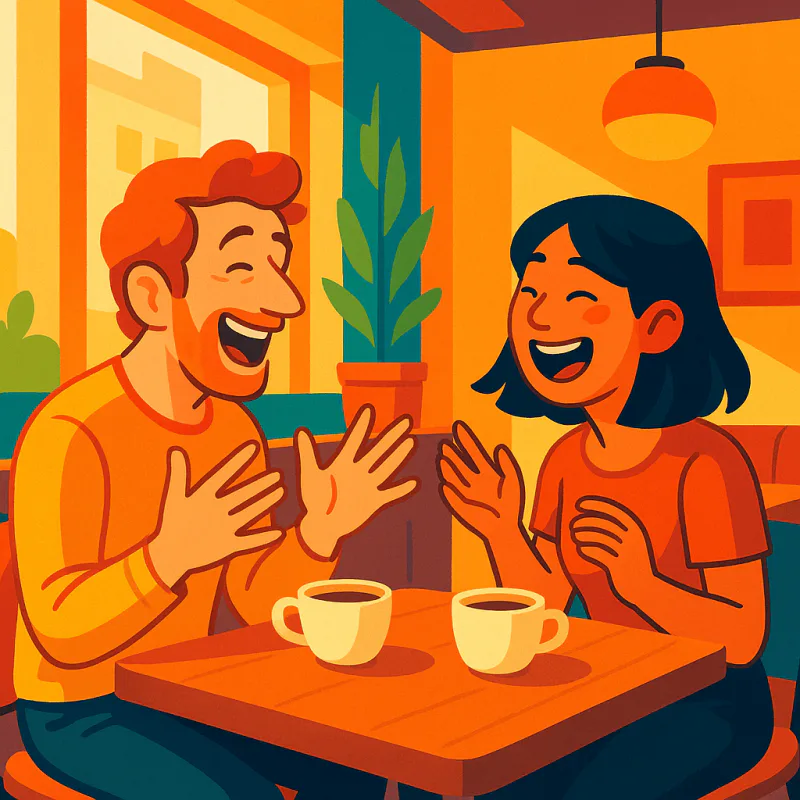 Two friends laughing across a small cafe table, one foreign one local, mid-conversation with hands gesturing, warm afternoon light through the window, modern illustration style