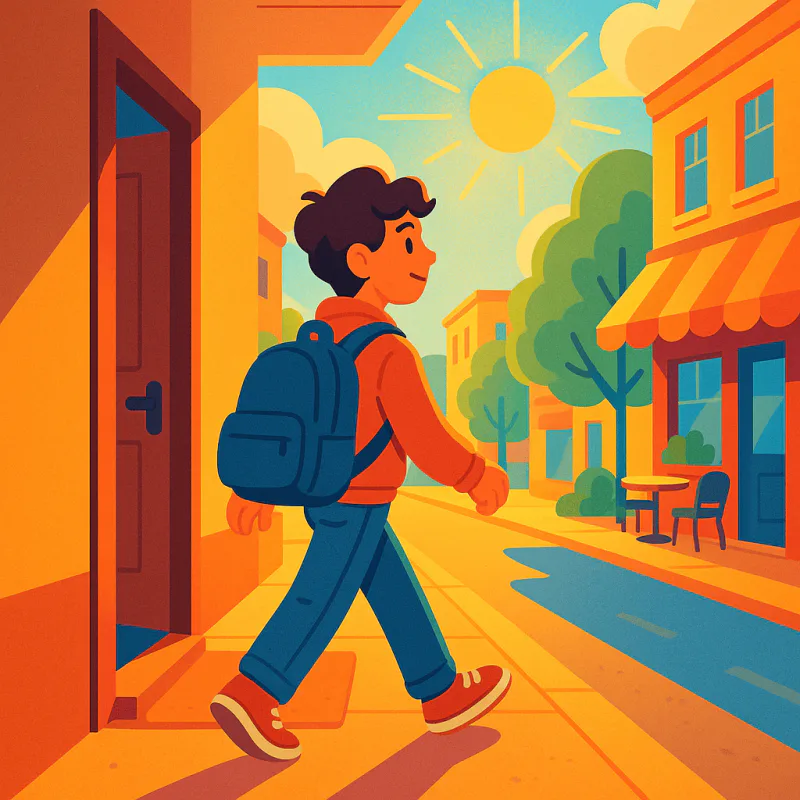 A person leaving their apartment in the morning with a backpack, walking toward a meet-up, optimistic morning light, city street ahead, modern illustration style, warm hopeful colors