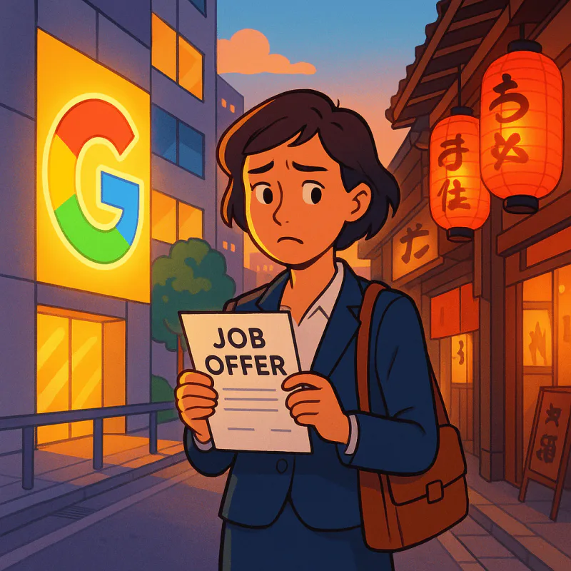 A young professional in Tokyo holding a job offer letter, standing between a Western office logo and a Japanese street, expression shifting from relief to doubt, soft warm lighting, modern illustration style