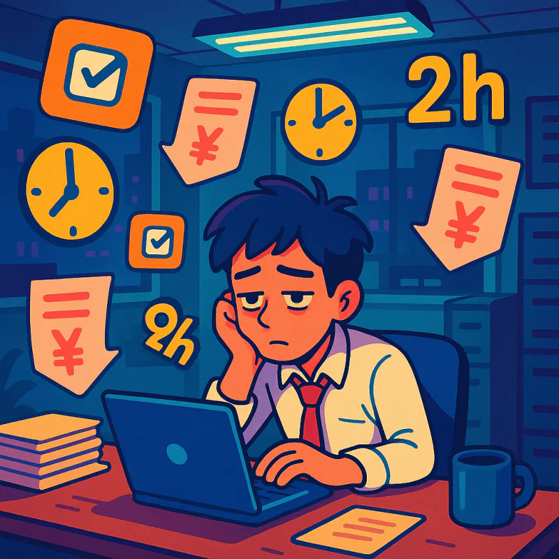 A tired office worker at a desk surrounded by floating clock-in app icons, deduction slips, and overtime hours, dim cool office light, slightly oppressive atmosphere, modern illustration style