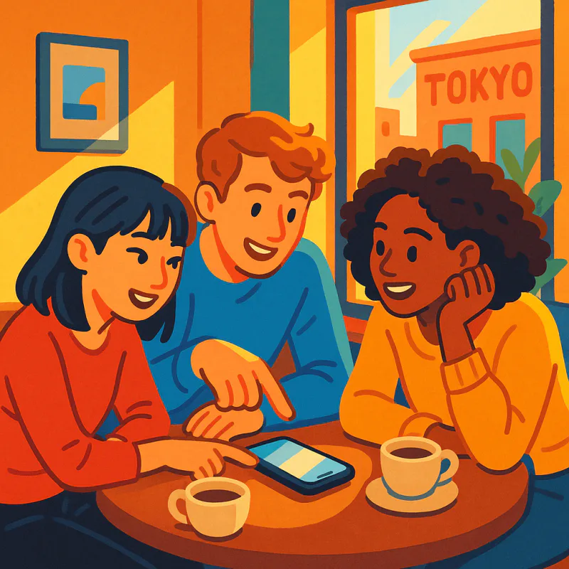 Three young people of mixed backgrounds at a Tokyo cafe table, sharing notes on a phone, animated honest conversation, warm afternoon light through the window, friendly relaxed atmosphere, modern illustration style