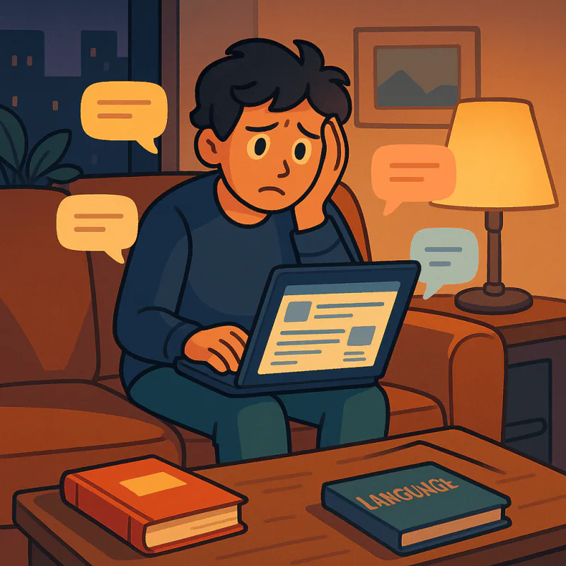 A young adult sitting on a couch with a closed Korean textbook on the table, laptop open showing a forum thread, looking discouraged and uncertain, soft evening light, modern illustration style