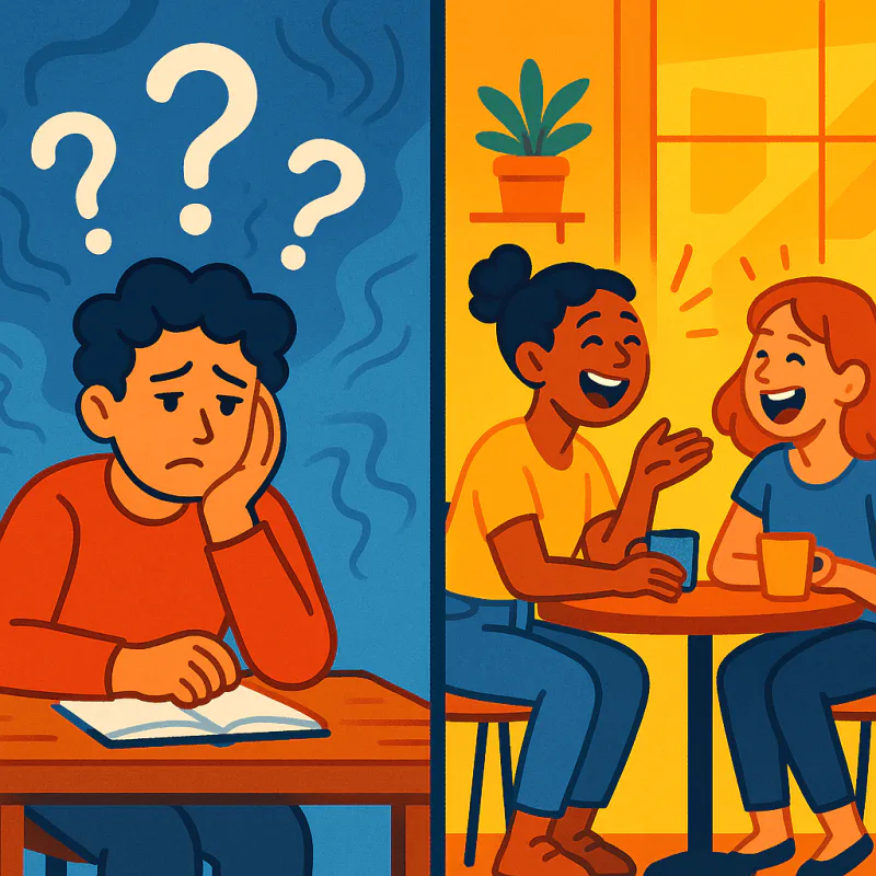 A split scene contrast: on one side a person waiting and overthinking with question marks above their head, on the other side another person already mid-conversation with a friend in a cafe, warm bright colors, modern illustration style, no text