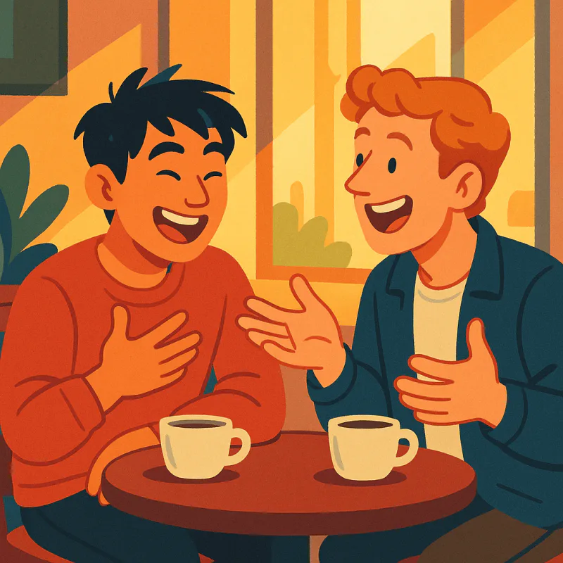 A close-up of two friends laughing at a small cafe table mid-conversation, one mostly speaking and the other listening intently, warm afternoon window light, intimate friendly atmosphere, modern illustration style, no text