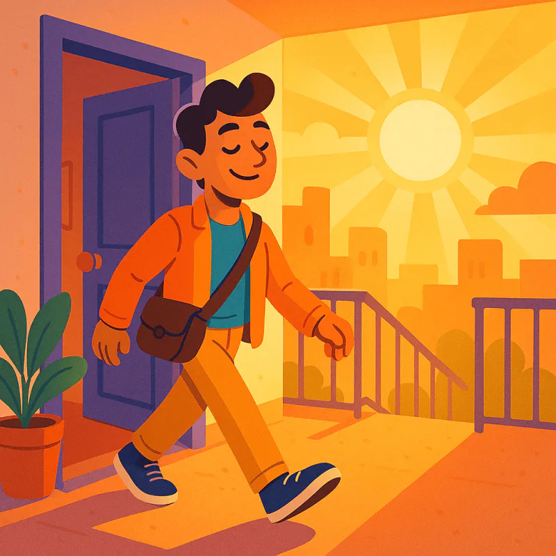 A person stepping out of their apartment in the morning with a confident smile and a small bag, sunlight ahead, hopeful colors, walking toward a meeting, modern illustration style