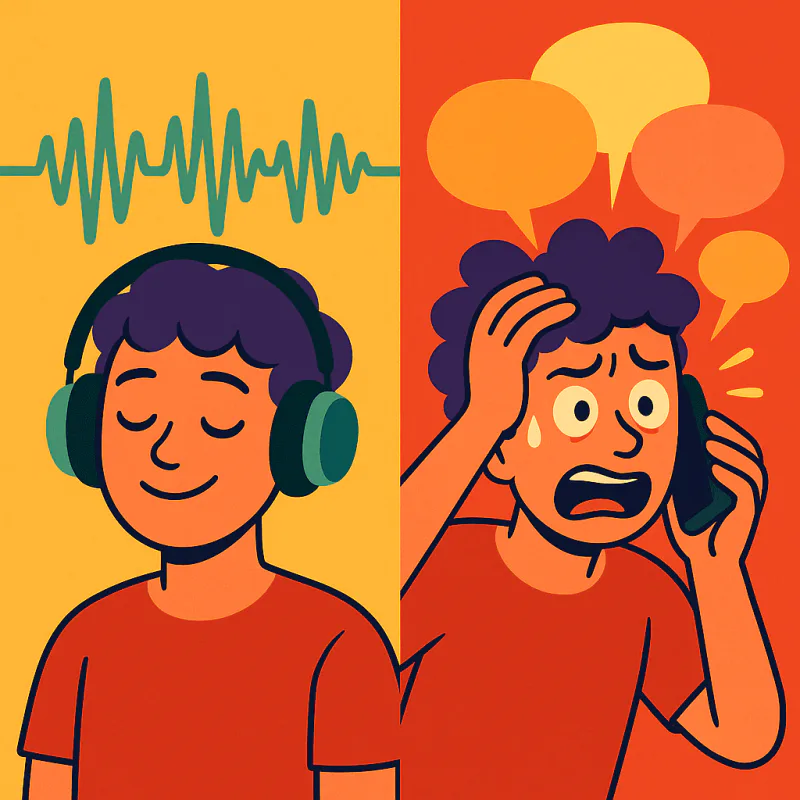 Split scene illustration: on one side a young person smiling and relaxed wearing headphones with a clear visible podcast waveform, on the other side the same person stressed and overwhelmed in a chaotic voice call with five overlapping speech bubbles, warm bright contrast colors, modern illustration style, no text