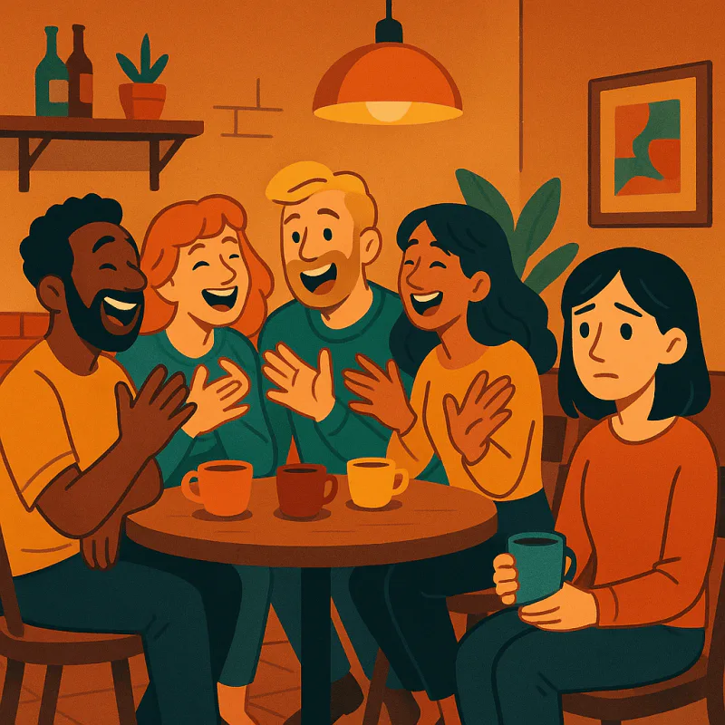 A group of native speakers around a small table laughing and animated mid-conversation while one foreign learner sits at the edge with a frozen polite smile holding a coffee cup, feeling slightly left out, warm restaurant setting, modern illustration style, no text