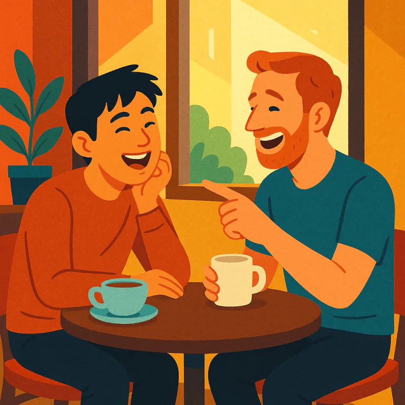 Two friends sitting one on one at a small cafe table mid-conversation, one Asian one Western, both relaxed and laughing gently, warm afternoon window light, no group around them, intimate friendly atmosphere, modern illustration style, no text