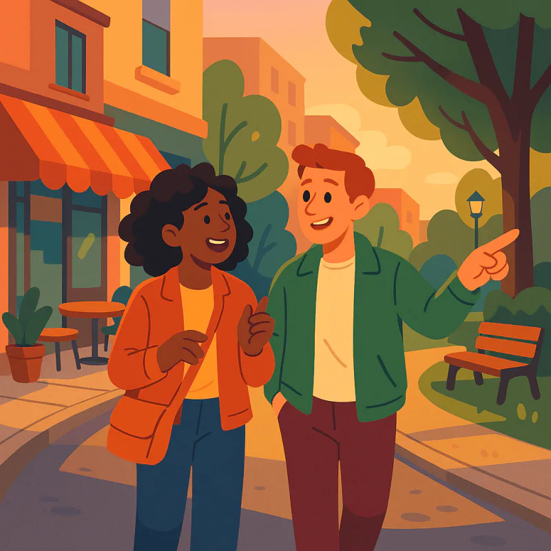 Two friends walking together through a familiar city neighborhood pointing at things and chatting easily, golden hour light, signs of shared local routine like a recognizable cafe and a small park, warm friendly colors, modern illustration style, no text