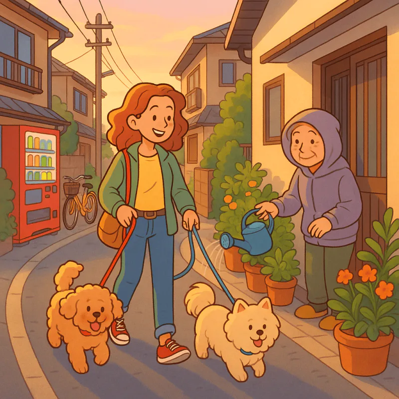 Cheerful foreigner walking two small dogs through a quiet Japanese suburban street at dawn, an elderly Japanese woman in a faded hoodie watering plants by her doorway gives a friendly nod, soft warm morning light, narrow residential road with vending machine and bicycle, modern illustration style, no text