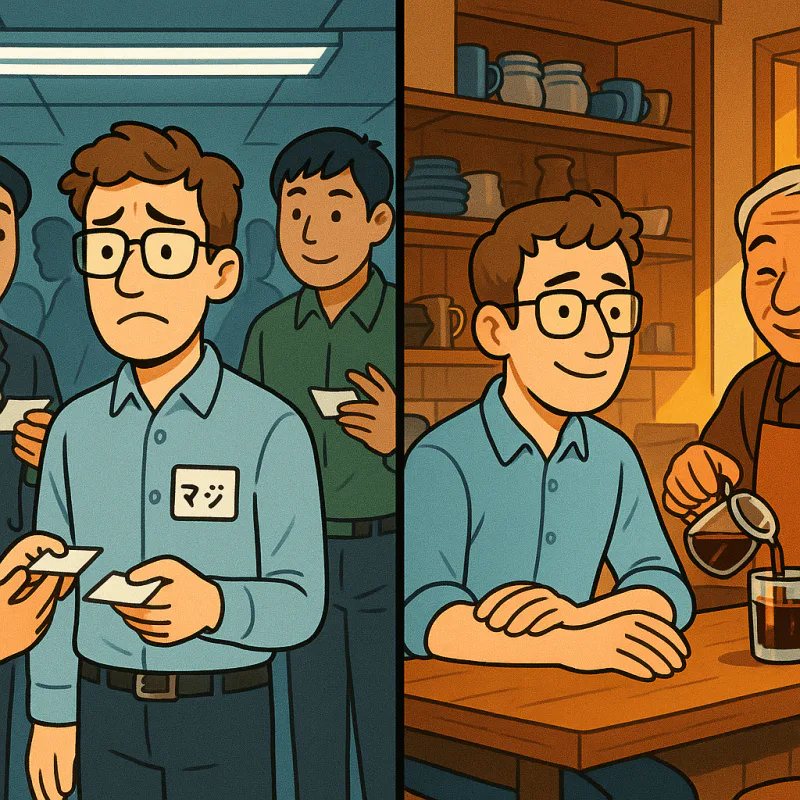 Split scene illustration: on the left an awkward foreign man at a crowded language exchange event with a paper name tag, surrounded by polite strangers exchanging business cards, harsh fluorescent light; on the right the same man relaxed at a small Japanese cafe counter, the master smiling and pouring his usual drink, warm afternoon light, modern illustration style, no text