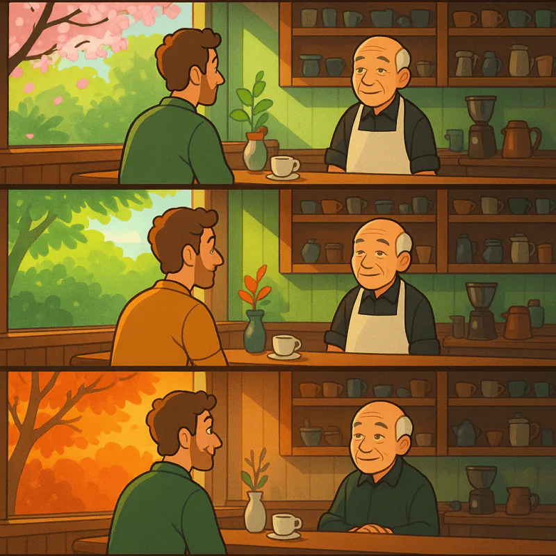 Same Japanese cafe counter shown across four seasons in a soft montage, a foreign customer at the same corner stool each time, the same elderly cafe master quietly recognizing them more across the seasons, cherry blossoms then summer light then autumn leaves then winter steam, warm intimate atmosphere, modern illustration style, no text