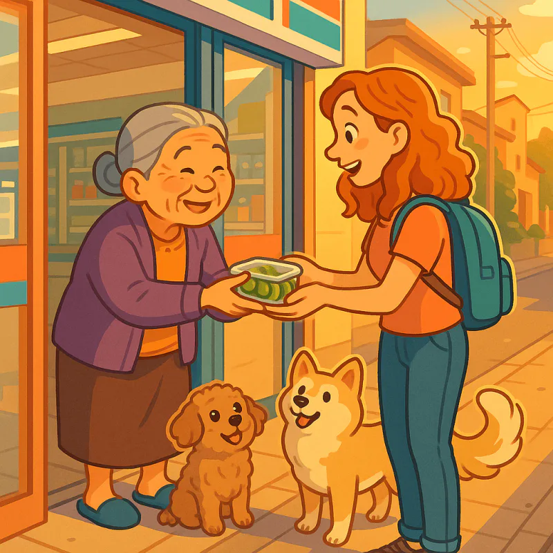 Smiling Japanese obaachan at a konbini doorway gently pressing a small tupperware of pickles into the hands of a slightly surprised but happy foreign woman, two small dogs at her feet looking up, warm late afternoon glow, neighborhood feel, modern illustration style, no text