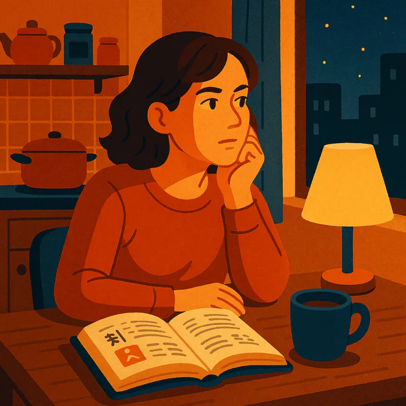 A thoughtful 35-year-old at a kitchen table at night with a Japanese textbook half open, a coffee mug, soft warm lamp light, looking out the window with a pensive but determined expression, modern illustration style, warm cozy atmosphere, no text