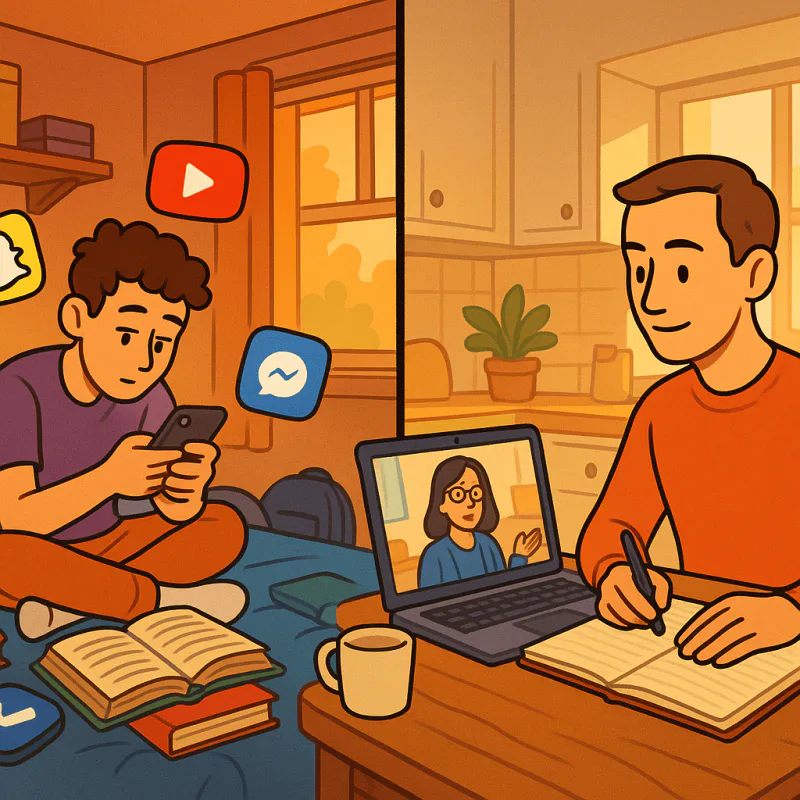 Split scene illustration: on the left a cluttered college dorm with a 22-year-old surrounded by free apps and abandoned textbooks looking distracted by a phone, on the right a tidy kitchen table where a 35-year-old has a single notebook, a teacher on a video call, and a calm steady focus, modern illustration style, warm light, no text