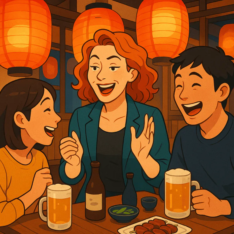 A confident woman in her late thirties having a real animated conversation in Japanese at a small neighborhood izakaya with two Japanese friends, all three laughing, lanterns in the background, warm intimate evening atmosphere, modern illustration style, no text
