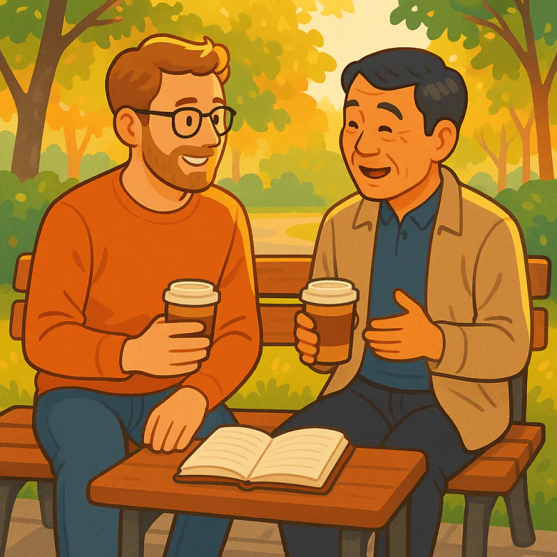 A 35-year-old at a small park bench having a friendly relaxed first meeting with a Japanese local, both holding takeout coffee cups, a small notebook open between them, soft afternoon sunlight through trees, warm welcoming atmosphere, modern illustration style, no text
