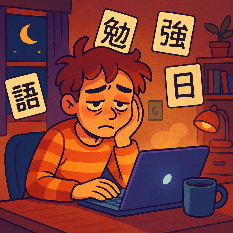 A young person at a desk late at night looking exhausted, head in hands, surrounded by floating digital flashcards with Japanese kanji on them, a half-finished cup of coffee, glow of a laptop screen, modern illustration style, warm but tired colors, no text