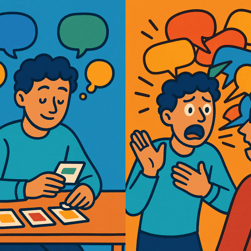 Split scene illustration: on the left a person reviewing flashcards alone with words floating peacefully in their head, on the right the same person mid-conversation looking panicked while words tumble out of order, warm bright contrast colors, modern illustration style, no text