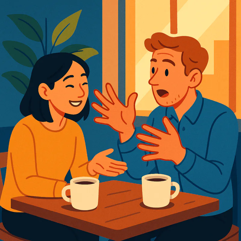 Two friends sitting across a small cafe table mid-conversation, one Asian one Western, the Western person animated and trying to recall a word, the Asian person smiling and helping, warm afternoon light, friendly intimate atmosphere, modern illustration style, no text