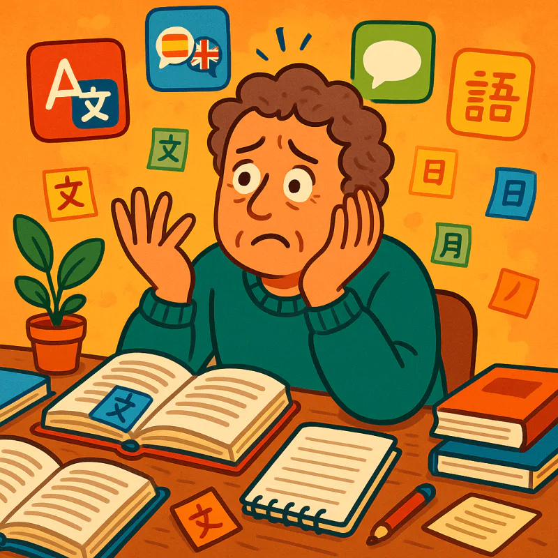 Person in their forties at a cluttered desk surrounded by floating app icons for language learning, multiple open textbooks, sticky notes with kanji, looking overwhelmed and uncertain, modern illustration style, warm bright colors, no text