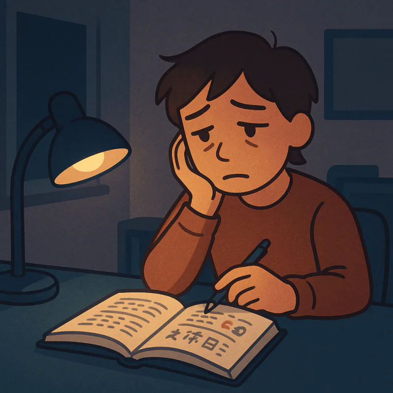 A single person studying alone late at night with a textbook open, dim desk lamp, empty room, slightly melancholic mood, modern illustration style, muted but warm colors, no text